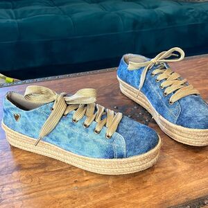 Nataly Mendez blue denim espadrille platform sneaker, 8!